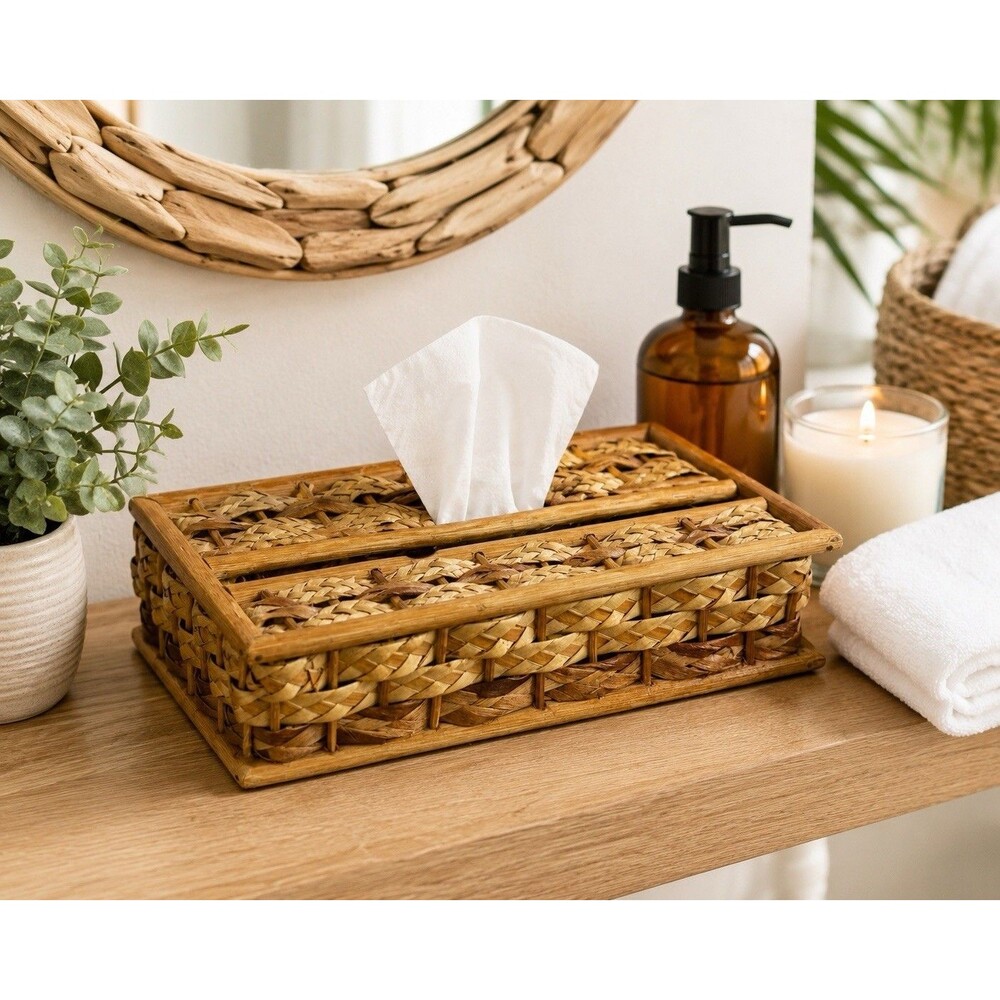 Boho Coastal Woven Rattan Tissue Box Cover Farmhouse Bathroom Natural Decor
